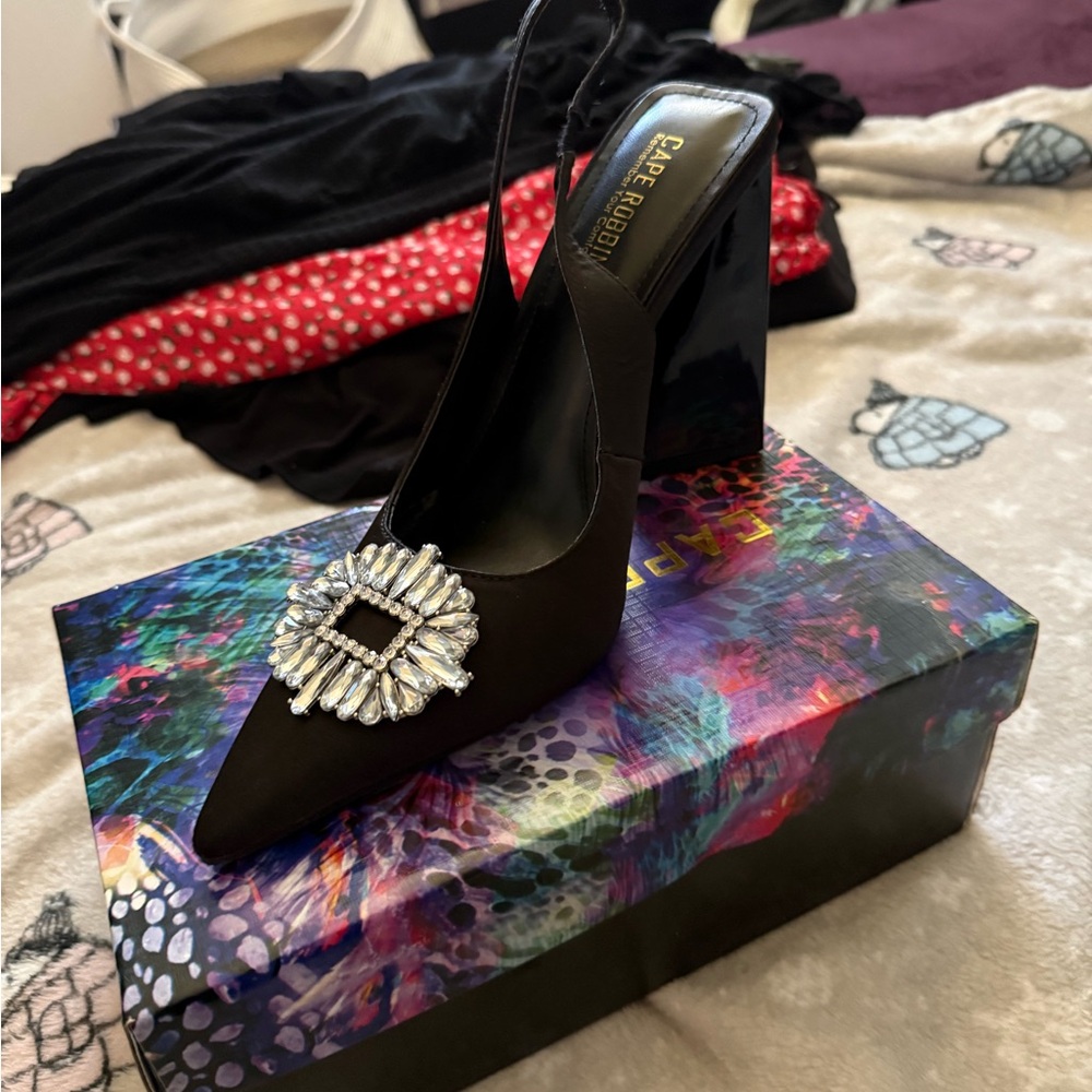 Cape Robbin Black Heels with Crystal Embellishment